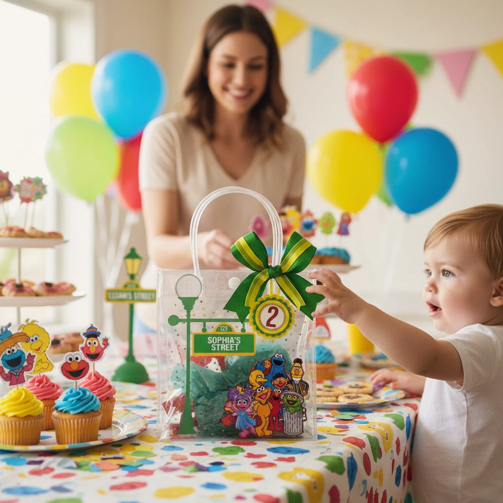 Child reaching for a Sesame Street gift bag at a birthday party with colorful balloons and decorations.