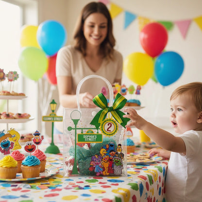 Child reaching for a Sesame Street gift bag at a birthday party with colorful balloons and decorations.