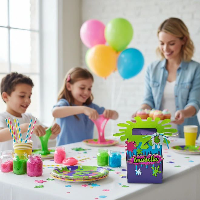 Children and a woman at a colorful birthday party with balloons and party favors.