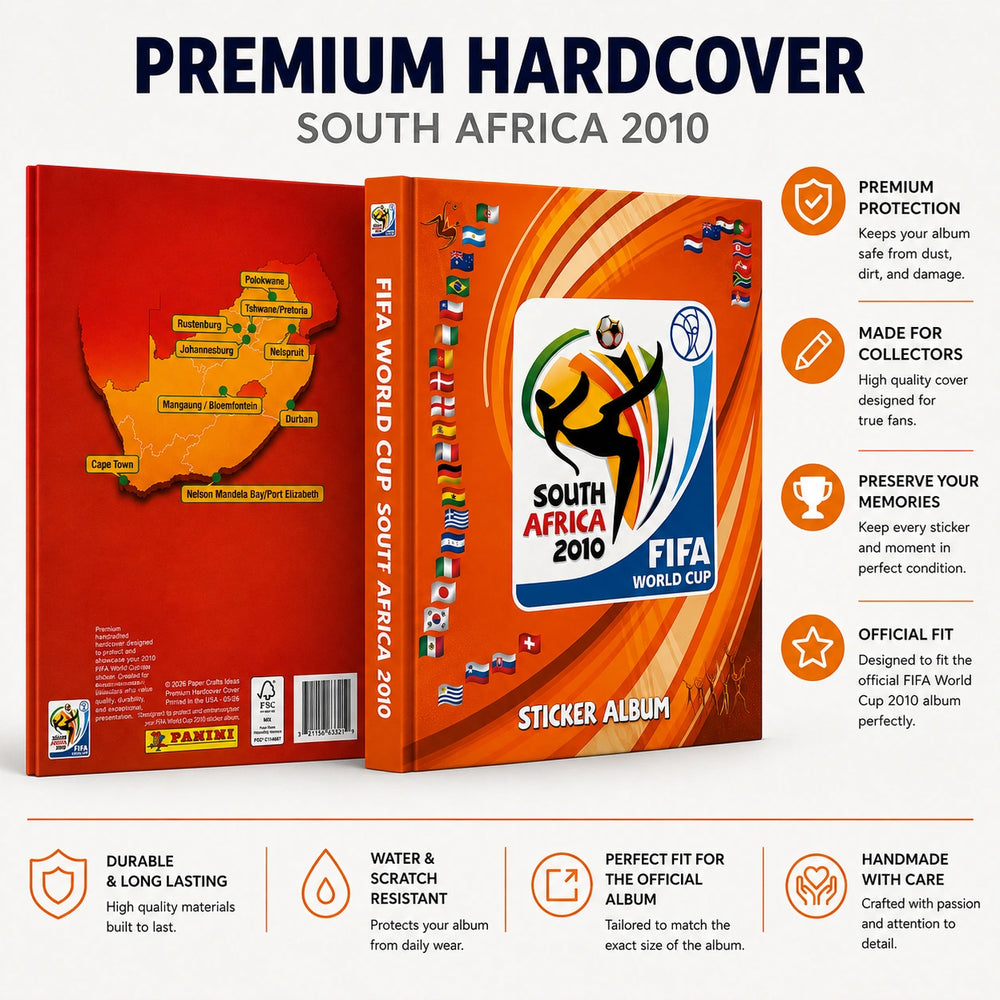 FIFA World Cup South Africa 2010 premium hardcover sticker album shown from multiple angles, with a red-orange cover, map of South Africa on the back, and feature callouts on a white background.