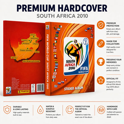 FIFA World Cup South Africa 2010 premium hardcover sticker album shown from multiple angles, with a red-orange cover, map of South Africa on the back, and feature callouts on a white background.