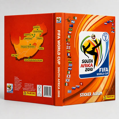 Panini FIFA World Cup South Africa 2010 sticker album shown in a three-quarter view displaying both the front cover and the back cover. The cover features a vibrant orange background with the official tournament logo, country flags, and a map of South Africa on the back.