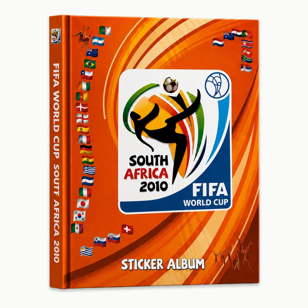 A FIFA World Cup South Africa 2010 sticker album shown at a slight angle on a light gray background. The album cover is predominantly orange with curved orange stripes, featuring the official tournament logo in the center, small international flags lining the left and right edges, and the text 'FIFA WORLD CUP SOUTH AFRICA 2010' on the spine and 'STICKER ALBUM' at the bottom.