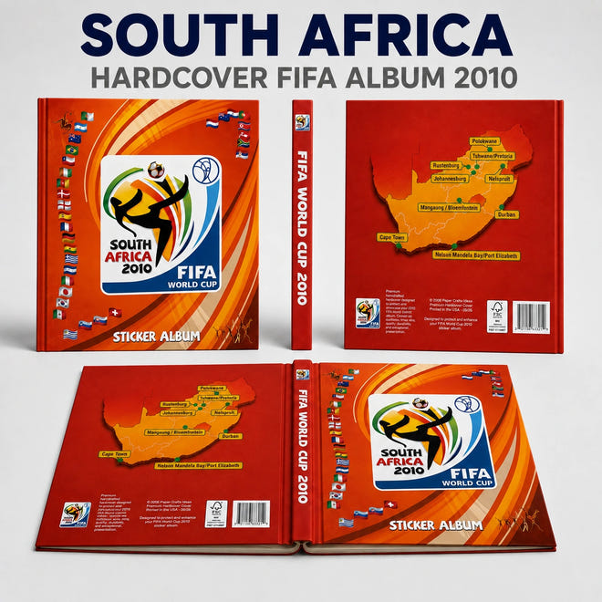 South Africa 2010 FIFA World Cup sticker album shown in multiple views: front cover, spine, back cover, and open spread. The album has a red cover with orange graphic swirls, a yellow-orange map of South Africa, and FIFA World Cup 2010 branding.