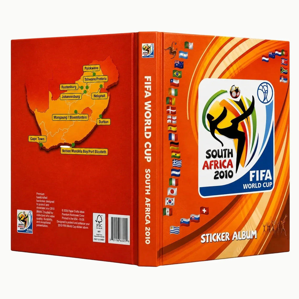 South Africa 2010 FIFA World Cup sticker album shown from the front, spine, and back covers. The album features a vibrant orange background with curved graphic lines, a map of South Africa highlighting host cities, and the official tournament logo.
