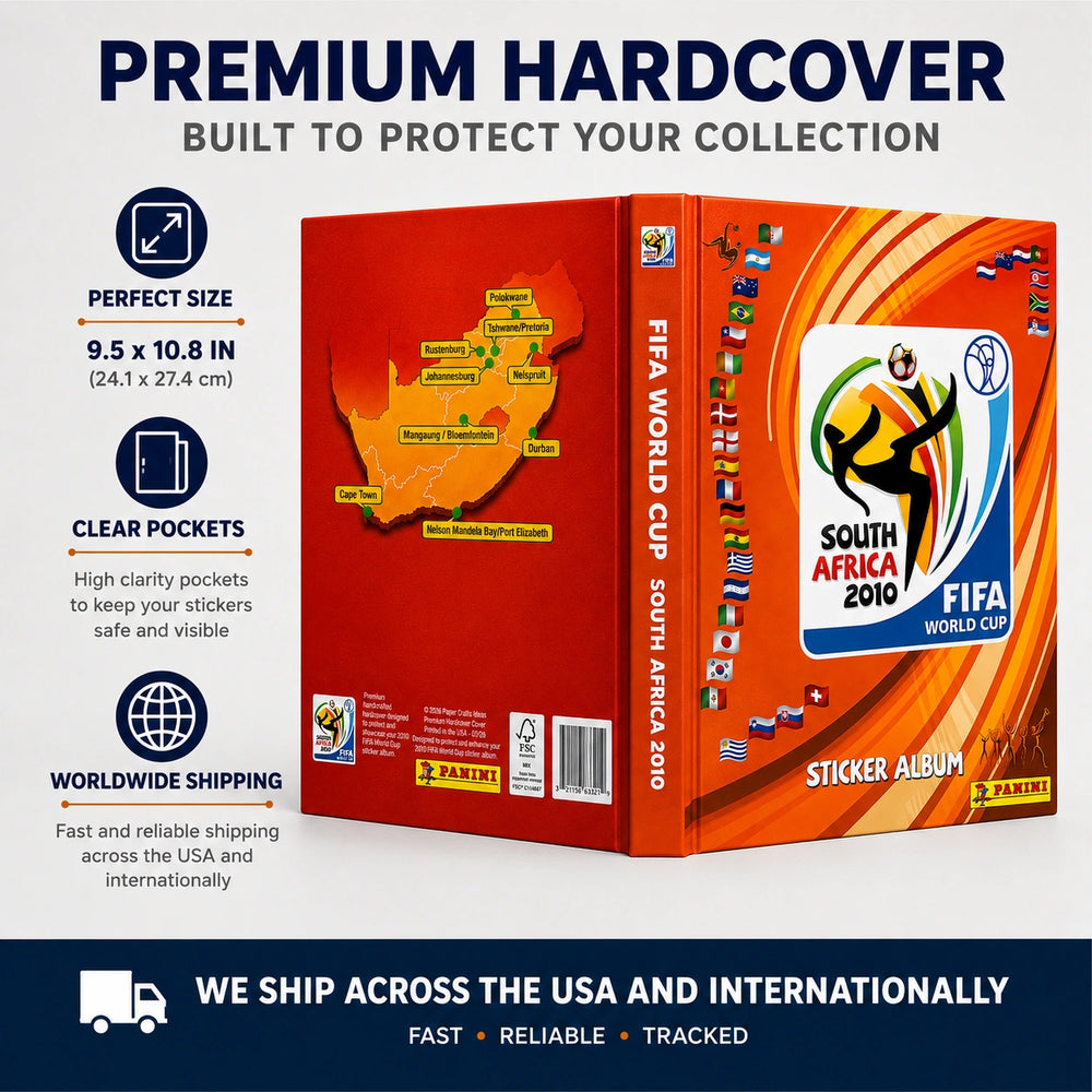 Panini FIFA World Cup South Africa 2010 sticker album in a hardcover format, shown with its front cover, spine, and back cover on a light gray background with promotional text and icons.