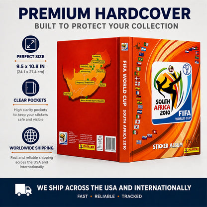 Panini FIFA World Cup South Africa 2010 sticker album in a hardcover format, shown with its front cover, spine, and back cover on a light gray background with promotional text and icons.
