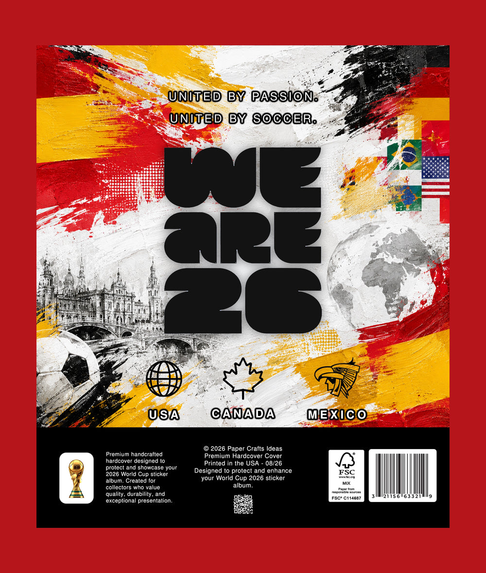 A soccer-themed sticker sheet or poster design with a red border and a central multicolor graphic reading “WE ARE 2026.” The artwork uses bold black typography over red, yellow, white, and gray paint strokes, with small flags and country silhouettes including Brazil, USA, Canada, and Mexico.