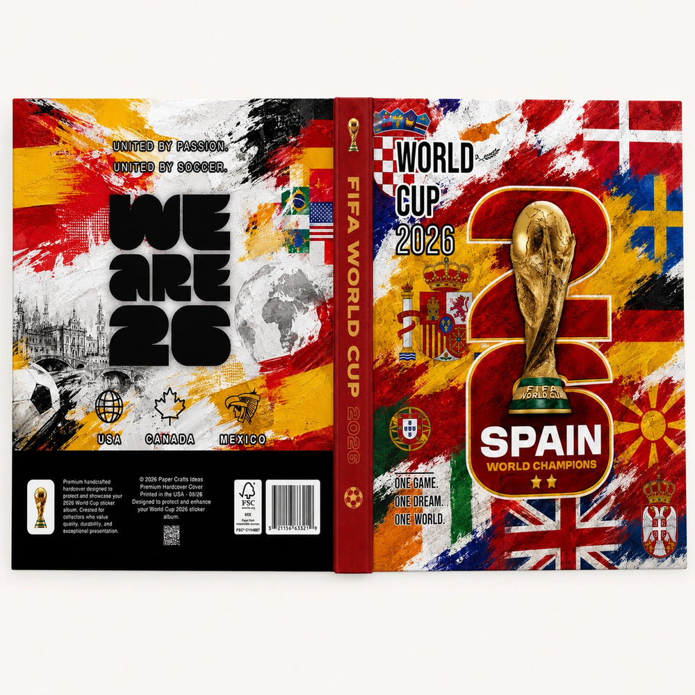 A book or booklet cover design for FIFA World Cup 2026 Spain, shown front and back on a light gray background. The cover features a bold black 'WE ARE 26' title, the FIFA World Cup trophy, large '26' and 'SPAIN WORLD CHAMPIONS' text, and multiple national flags in a painted style.