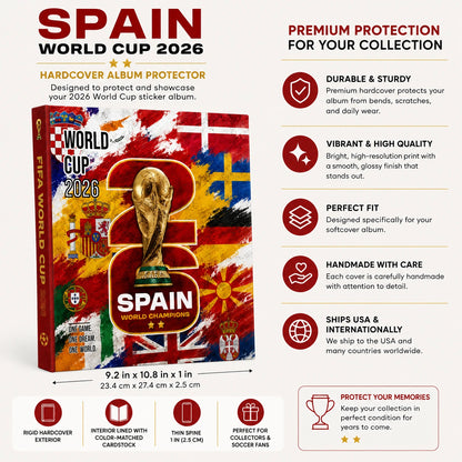 A promotional graphic for a Spain World Cup 2026 hardcover album protector, showing a boxed album cover with printed graphics and a list of product features and dimensions on a white background.