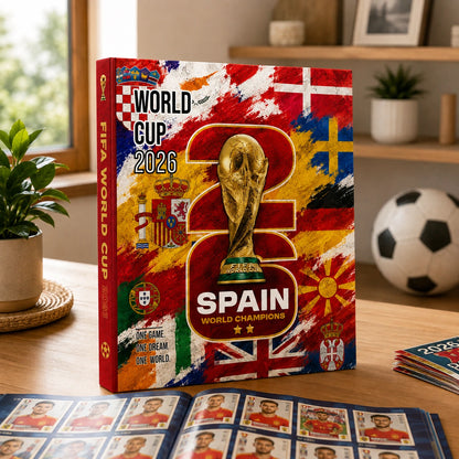 A hardcover book titled 'FIFA World Cup 2026 Spain' stands open on a wooden table, showing printed player photos and match imagery inside. The cover is highly colorful with red, yellow, blue, and white graphics, a large gold trophy graphic, and multiple national team flags.