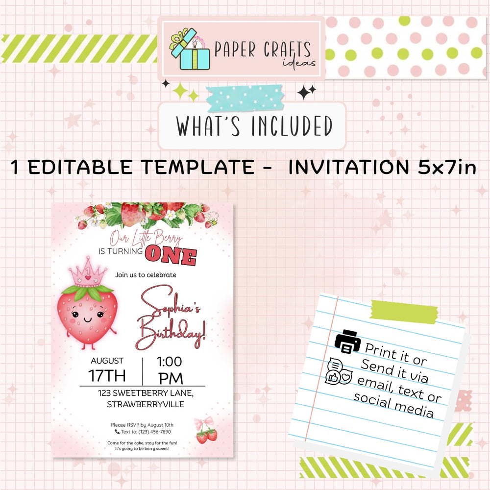 Strawberry First Birthday Invitation Girl - Editable Canva Template, Strawberry Theme, 1st Birthday Digital Invite, Instant Download