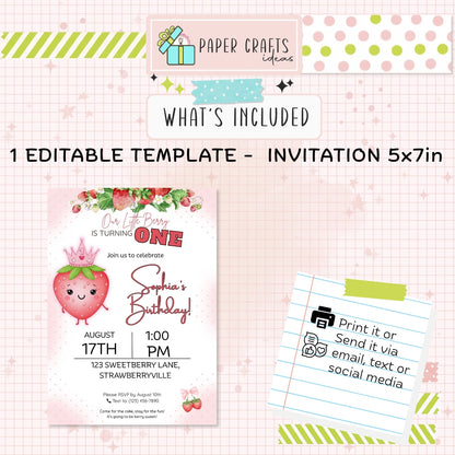 Strawberry First Birthday Invitation Girl - Editable Canva Template, Strawberry Theme, 1st Birthday Digital Invite, Instant Download