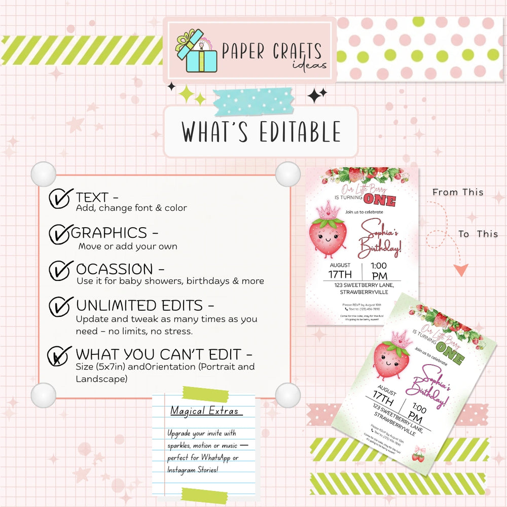 Strawberry First Birthday Invitation Girl - Editable Canva Template, Strawberry Theme, 1st Birthday Digital Invite, Instant Download