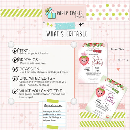 Strawberry First Birthday Invitation Girl - Editable Canva Template, Strawberry Theme, 1st Birthday Digital Invite, Instant Download