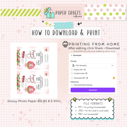 Strawberry First Birthday Invitation Girl - Editable Canva Template, Strawberry Theme, 1st Birthday Digital Invite, Instant Download