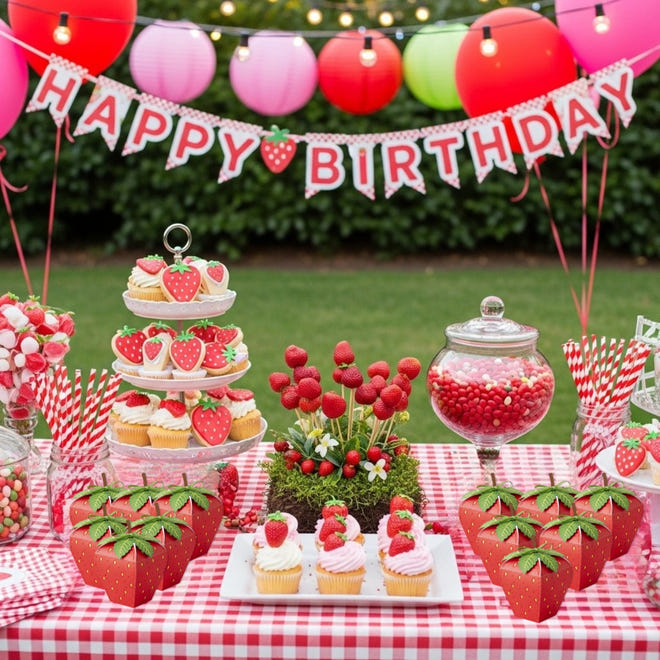 Birthday party setup with cake, cupcakes, and decorations on a checkered tablecloth.