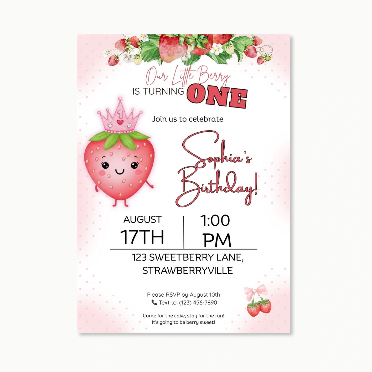 Strawberry First Birthday Invitation Girl - Editable Canva Template, S –  Paper Crafts Ideas, image size:1200x1200