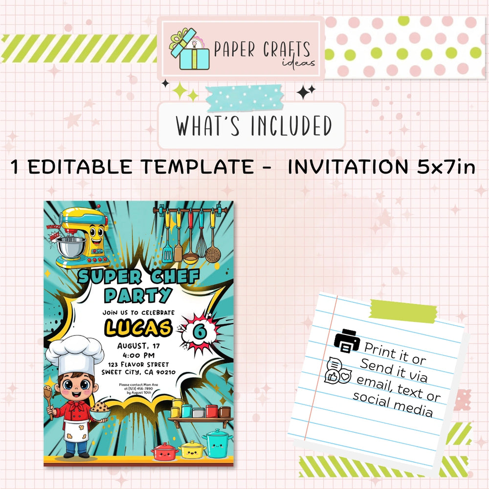 Super Chef Birthday Invitation | Editable Cooking Party Invite | Kids Baking Theme Digital Download | Printable PDF Template