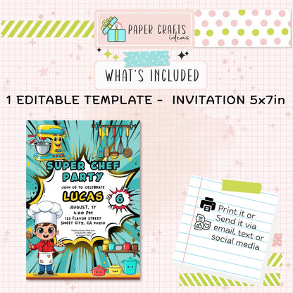 Super Chef Birthday Invitation | Editable Cooking Party Invite | Kids Baking Theme Digital Download | Printable PDF Template