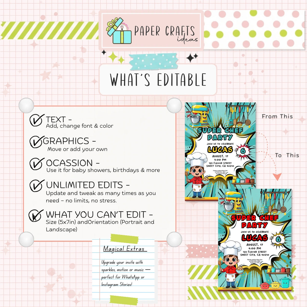 Super Chef Birthday Invitation | Editable Cooking Party Invite | Kids Baking Theme Digital Download | Printable PDF Template