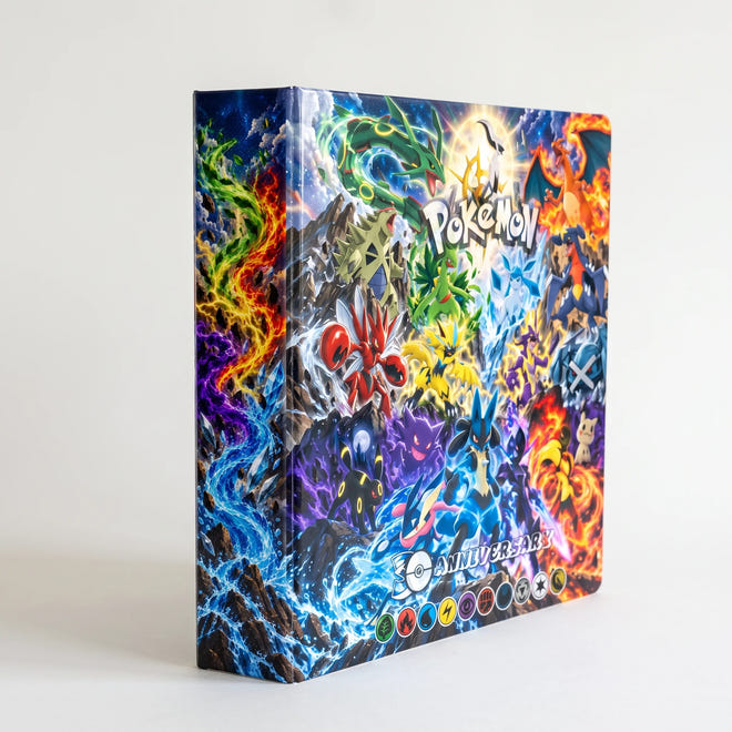 Pokémon 30th anniversary trading card binder — three-quarter view of hardcover with full-color legendary Pokémon collage and 30 Anniversary emblem