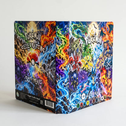 Pokémon 35th Anniversary paper crests ideal storage box with a vibrant multicolor design featuring various characters and flames, shown on a light gray background.