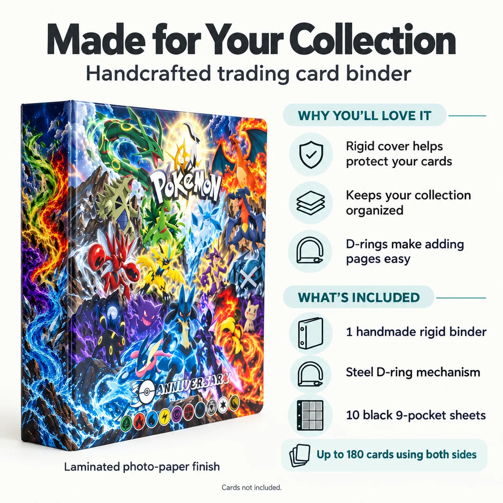 A promotional product graphic for a Pokémon trading card binder. The main subject is a colorful binder box shown on the left, with large marketing text on a white background.