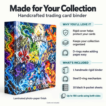 A promotional product graphic for a Pokémon trading card binder. The main subject is a colorful binder box shown on the left, with large marketing text on a white background.