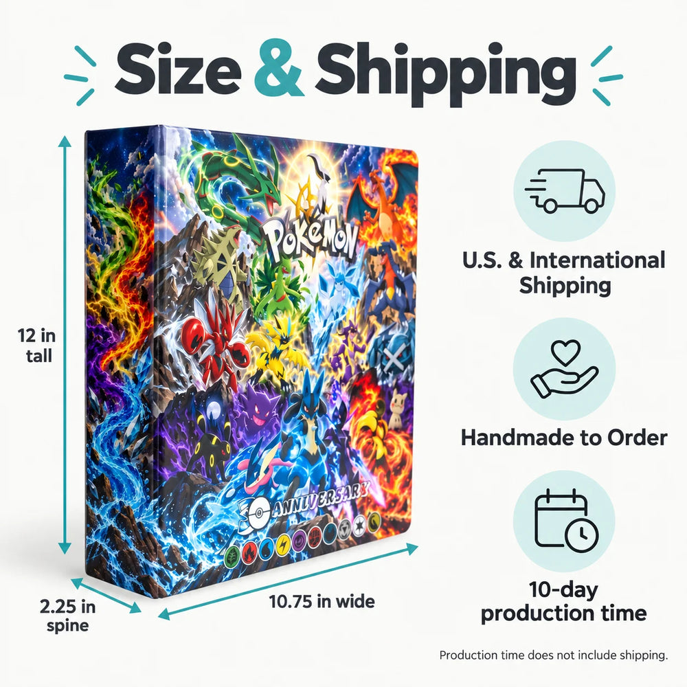 A product packaging box for a Pokémon Anniversary 15th Anniversary edition, shown with detailed size and shipping information on a white background. The box features a highly vibrant, multicolored psychedelic design with various characters and elements.