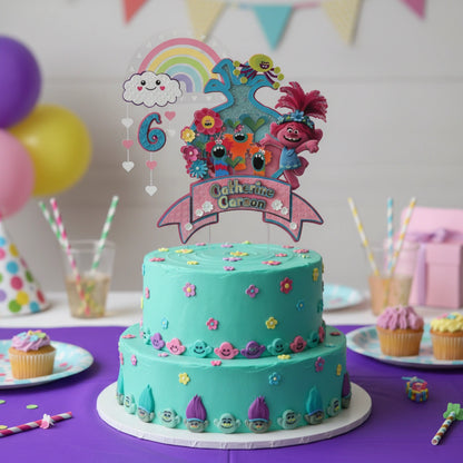 Personalized Princess Poppy Cake Topper – Trolls Birthday Cake Decoration with Lights