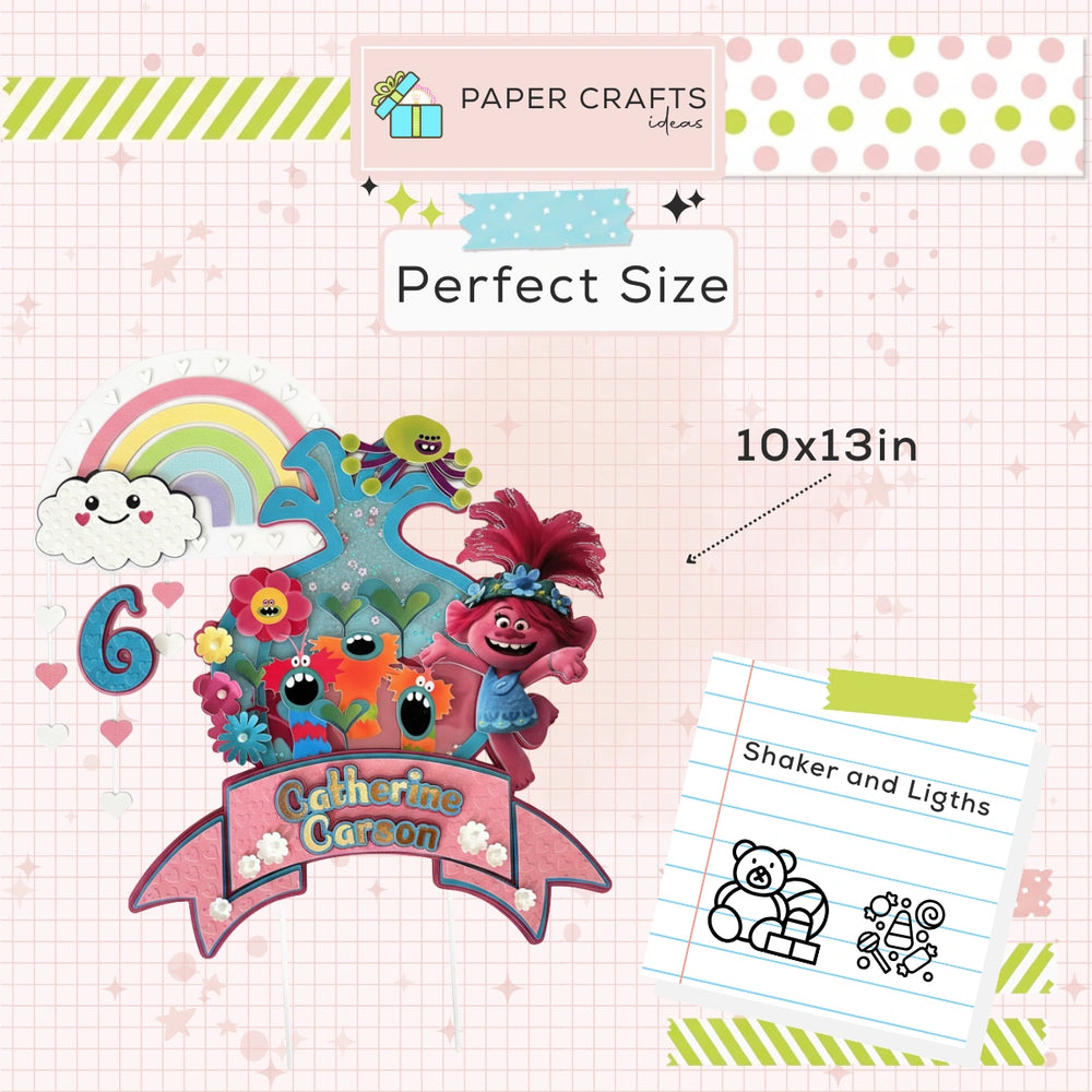 Personalized Princess Poppy Cake Topper – Trolls Birthday Cake Decoration with Lights