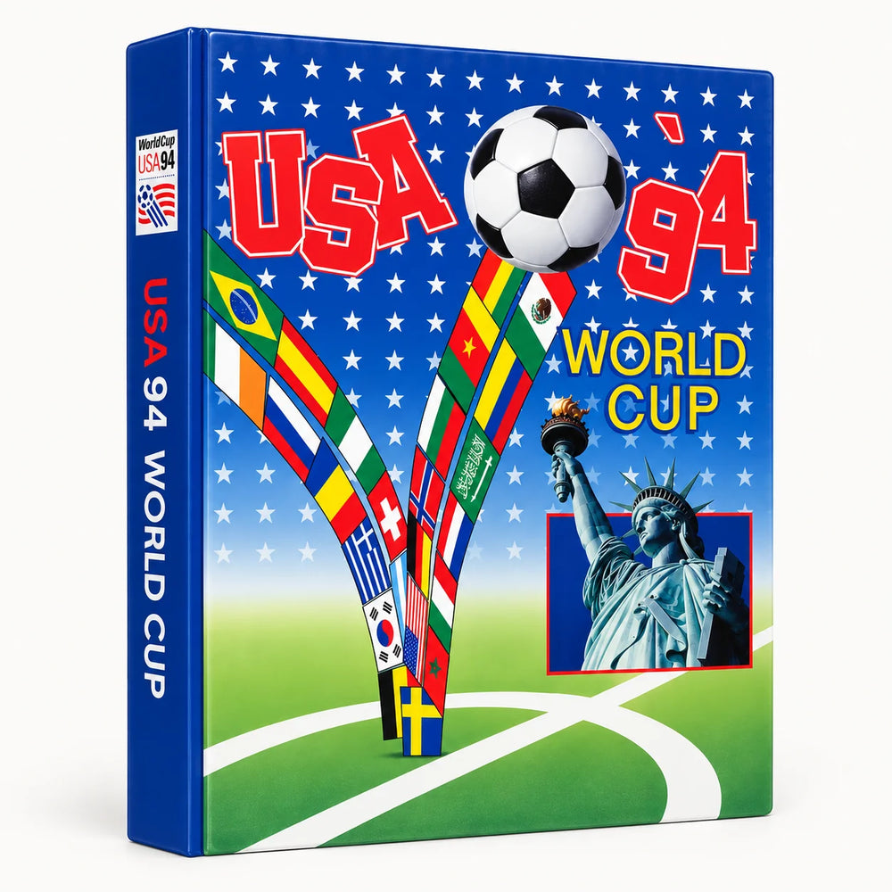 A 3D box mockup of a book or magazine titled 'USA 94 WORLD CUP' on a clean white background. The cover features a blue background with white stars, a soccer ball, flag graphics, a green field, and an inset image of the Statue of Liberty.