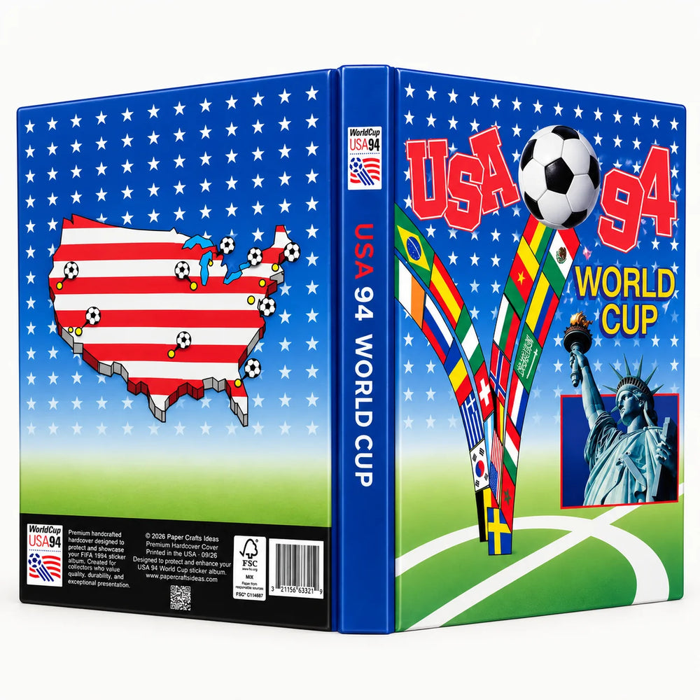 A hardcover binder or notebook cover themed around the 1994 World Cup, shown from both the front and spine views against a white background. The cover features a blue top half with white stars, a green field at the bottom, and colorful graphics including a USA map, soccer ball, national flags, and the Statue of Liberty.