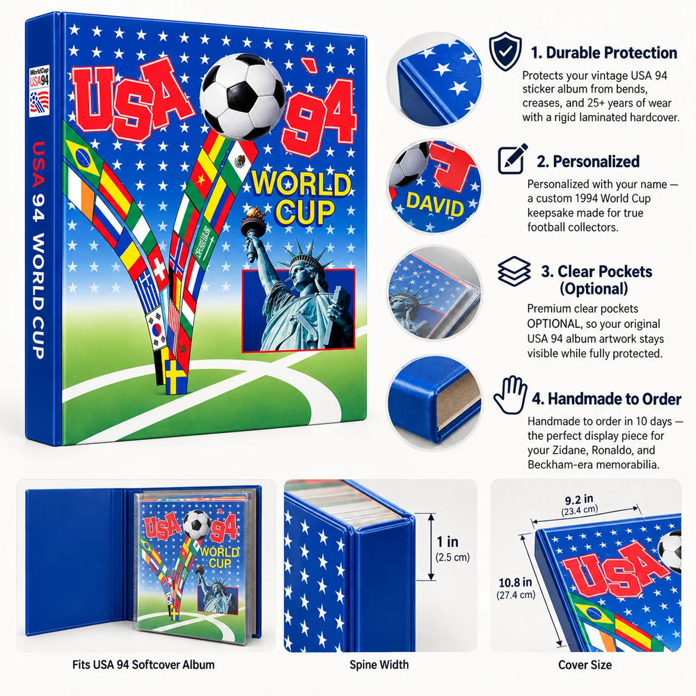A product infographic for a USA 1994 World Cup themed softcover album box. The image features a large blue and red album box on the left, surrounded by callout diagrams on the right detailing features like durable protection, personalization, clear pockets, and handcrafted assembly.