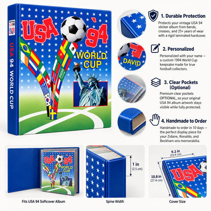 A product infographic for a USA 1994 World Cup themed softcover album box. The image features a large blue and red album box on the left, surrounded by callout diagrams on the right detailing features like durable protection, personalization, clear pockets, and handcrafted assembly.