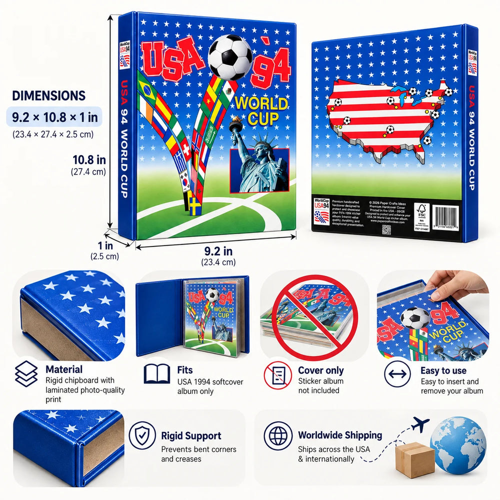 USA 1994 World Cup themed photo album set with dimensions, material details, fit information, and shipping features shown on a white background.