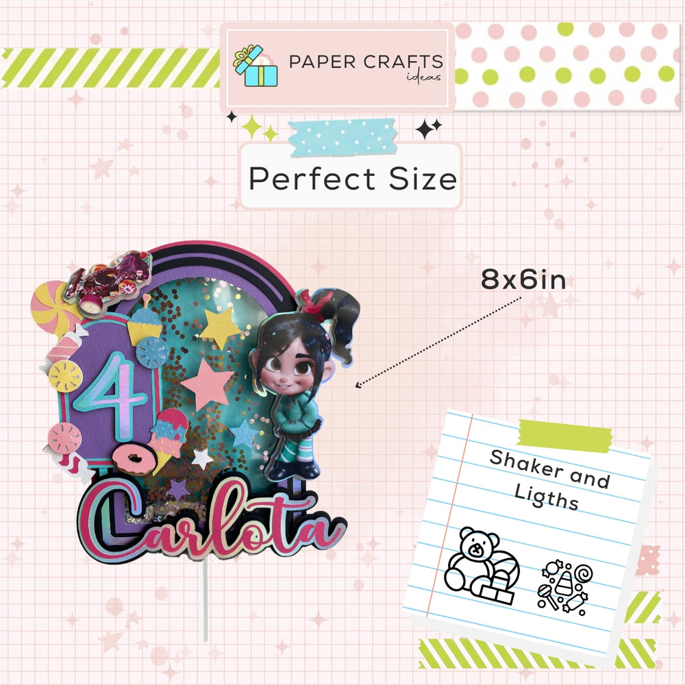 Personalized Vanellope Candy Theme Cake Topper Shaker and Ligths – Girl Birthday Cake Decoration