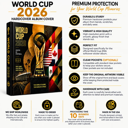 Promotional graphic for a World Cup 2026 hardcover album cover, showing the front and back of the album, feature callouts, and product icons on a white background.