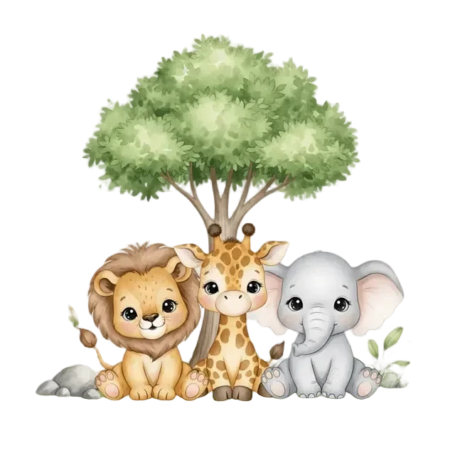 Cartoon lion, giraffe, and elephant under a tree on a transparent background